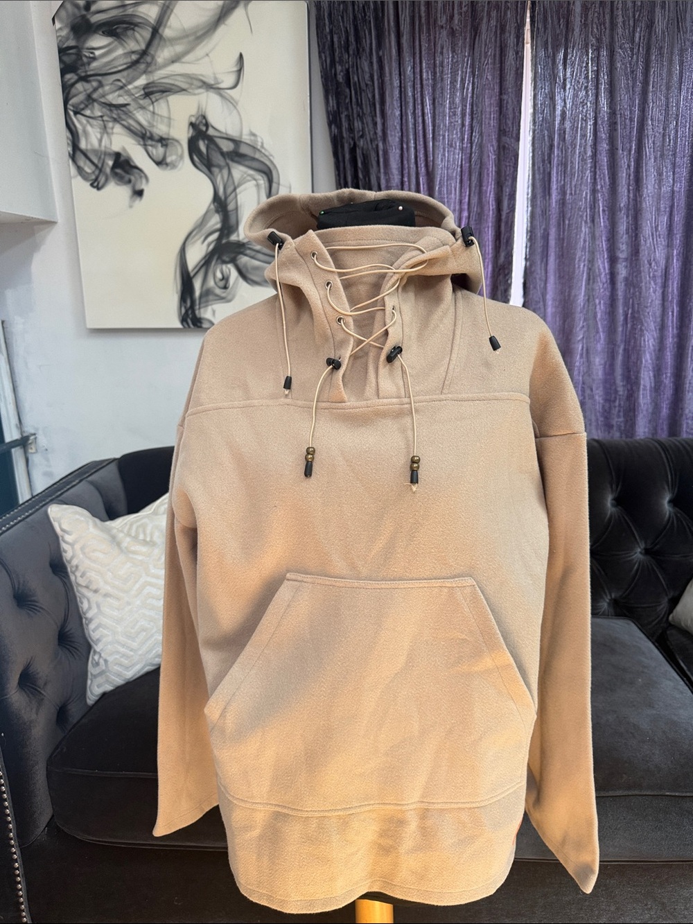 Neutral Lace-Up Hoodie Sweatshirt